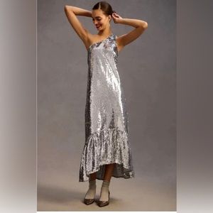 NWT Anthropologie Maeve One shoulder silver sequin maxi dress
